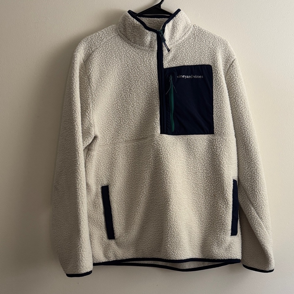 Vineyard Vines Cream Sherpa Pullover with Navy Chest Pocket Accent - Picture 1 of 2